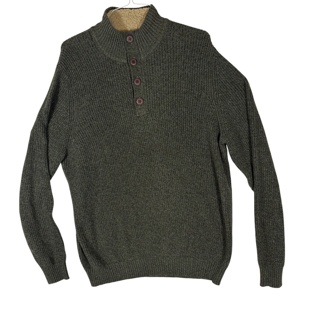 GH Bass Men's XL Olive Green Ribbed Knit Sherpa Lined Mock Neck Button Sweater